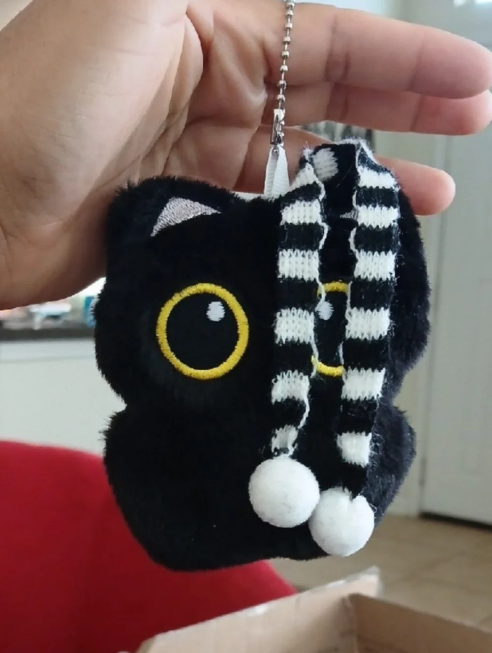 Black Plush Cat Keychain with Yellow Eyes And Scarf